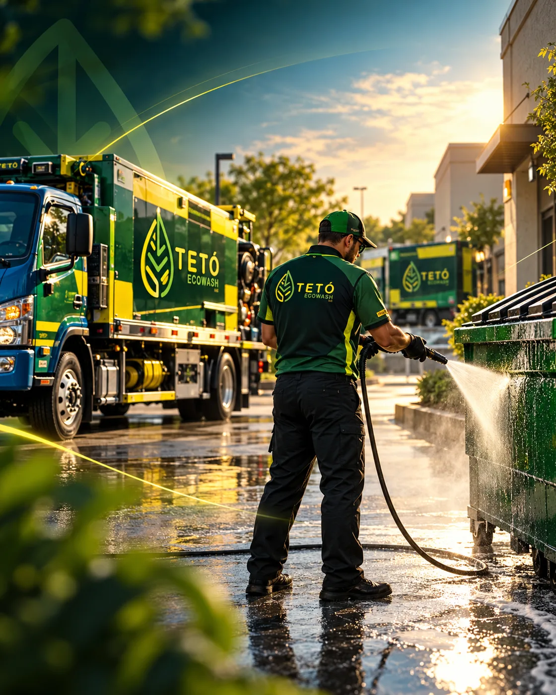 A TETÓ Eco Wash technician cleaning dumpsters with a branded truck in the background