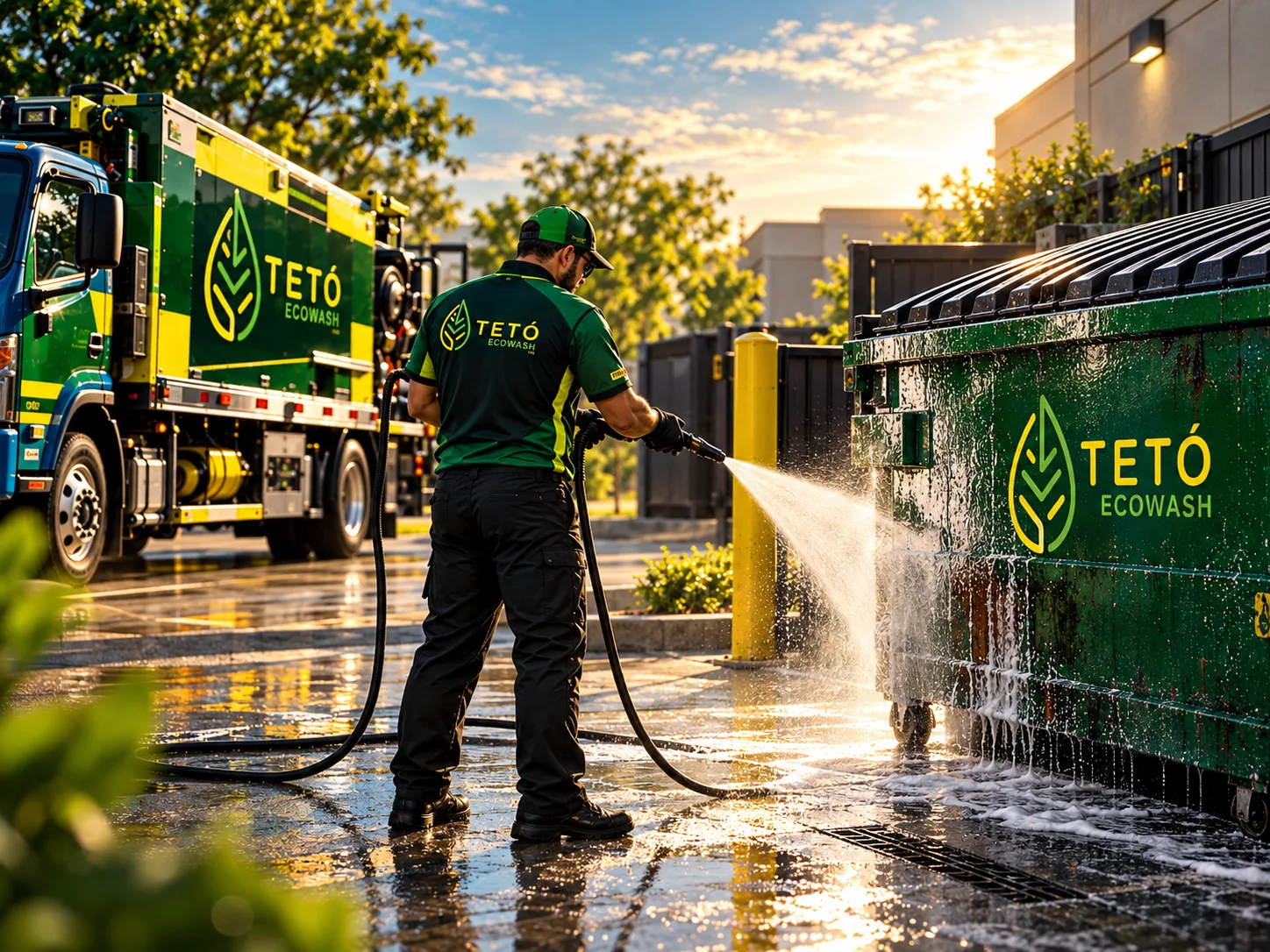 A TETÓ Eco Wash crew member cleaning a commercial dumpster with a branded truck in the background