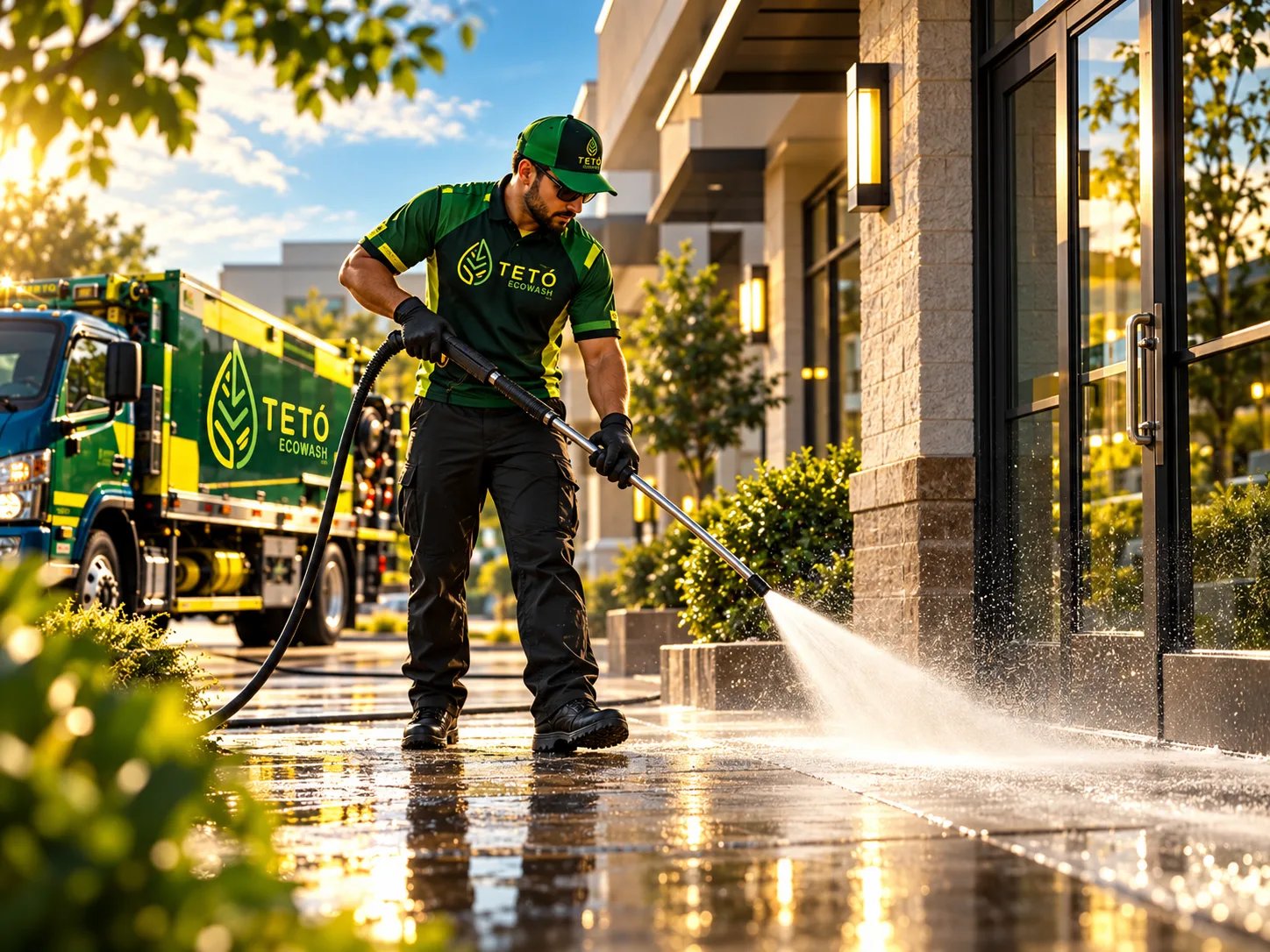 A TETÓ Eco Wash technician pressure washing a storefront walkway