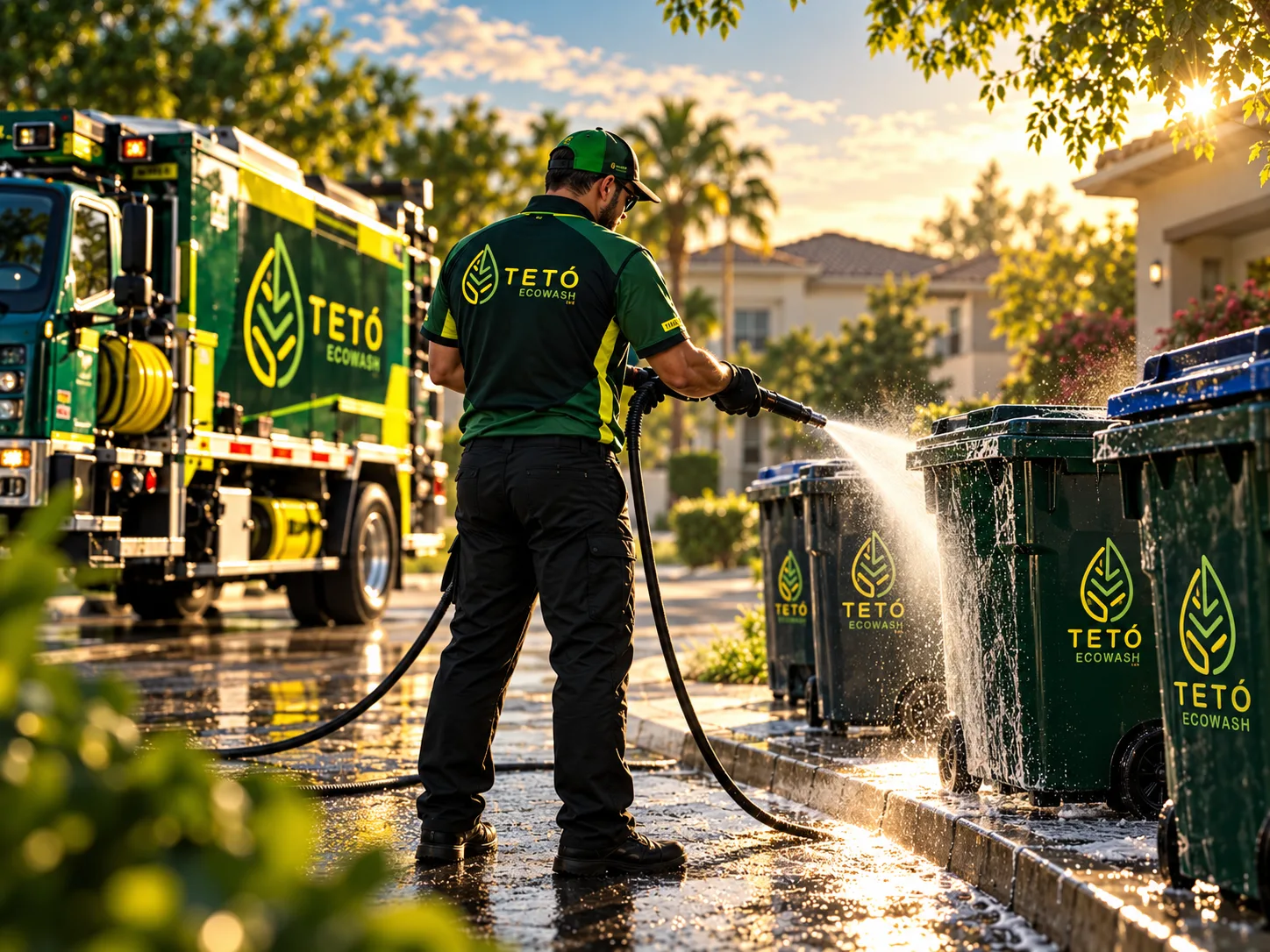 A TETÓ Eco Wash technician cleaning residential trash cans